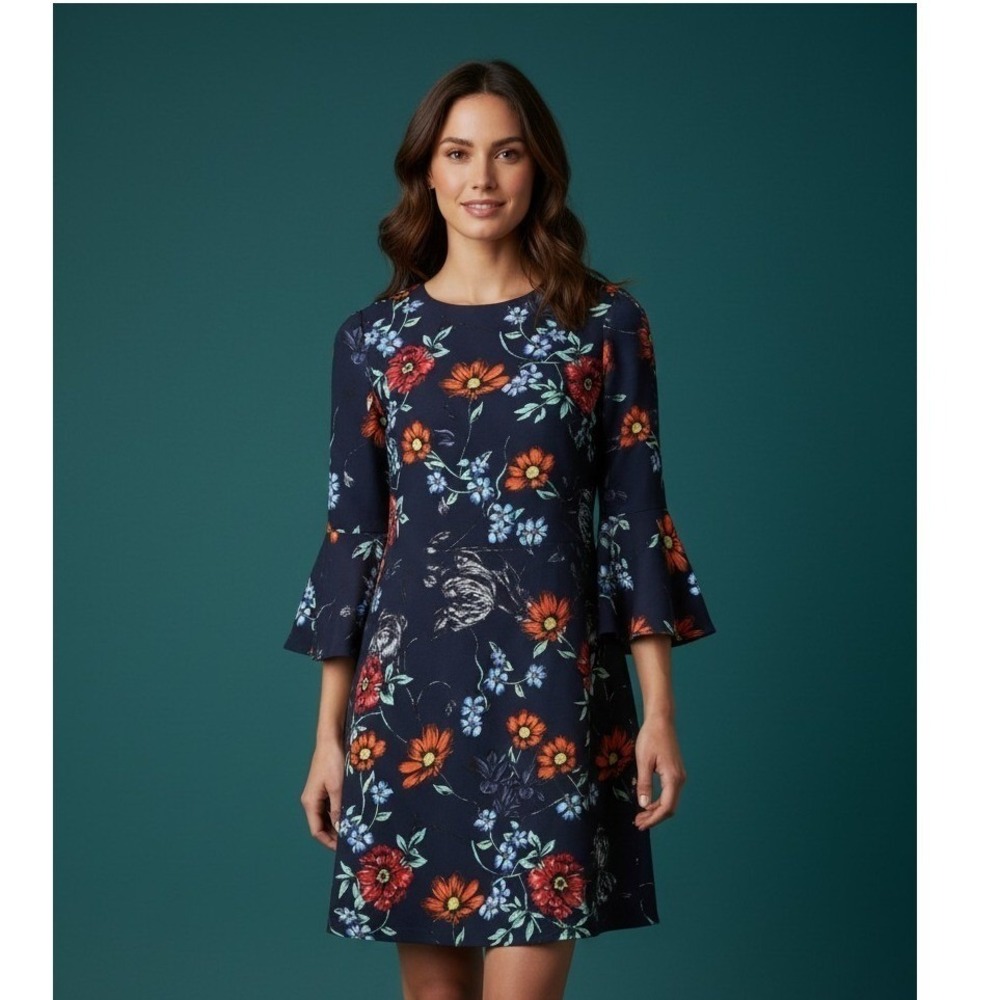 Hobbs London Navy Blue Floral Ruffle Cuff Shift Dress US 10 UK 14